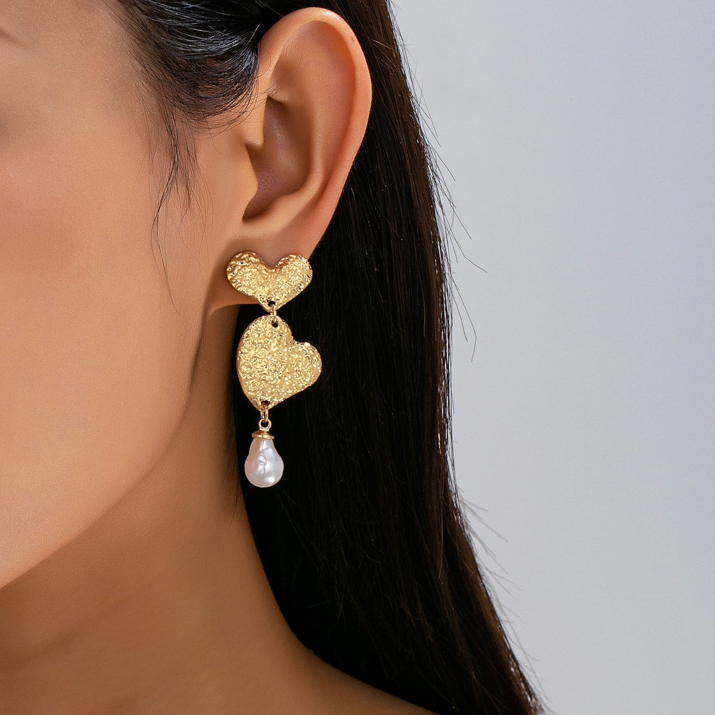 Textured Double Heart Pearl Drop Earrings | 80E63501