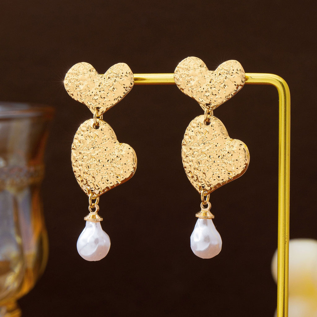 Textured Double Heart Pearl Drop Earrings | 80E63501