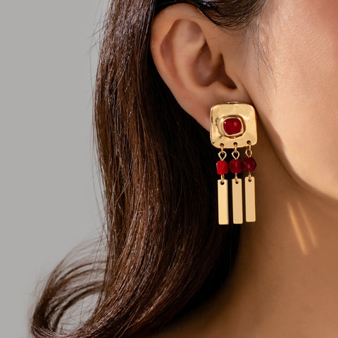 Burgundy Beaded Geometric Bar Drop Earrings | 80E63518