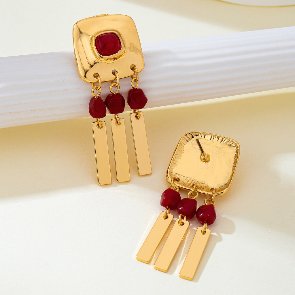 Burgundy Beaded Geometric Bar Drop Earrings | 80E63518