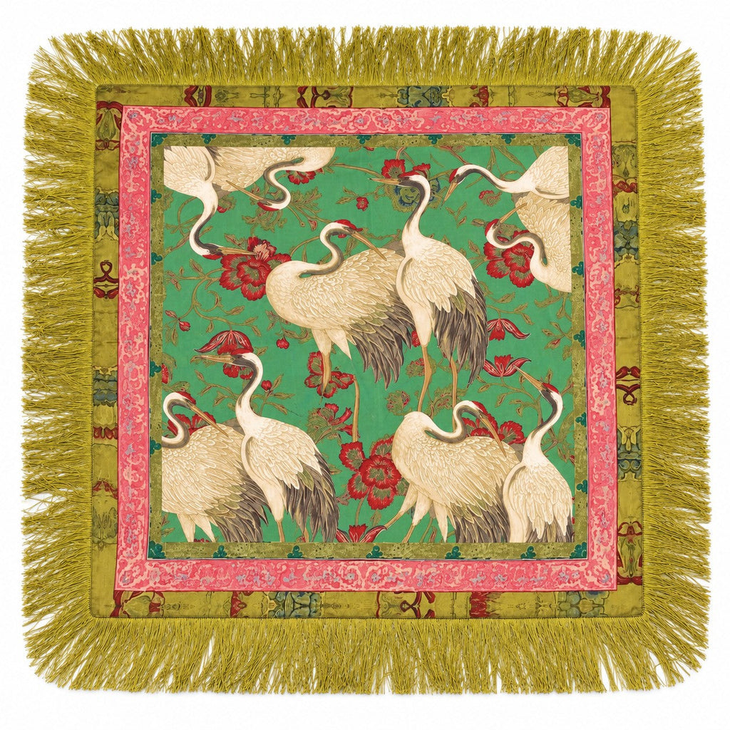 Crane Floral Print Fringed Square Scarf | 40SC750