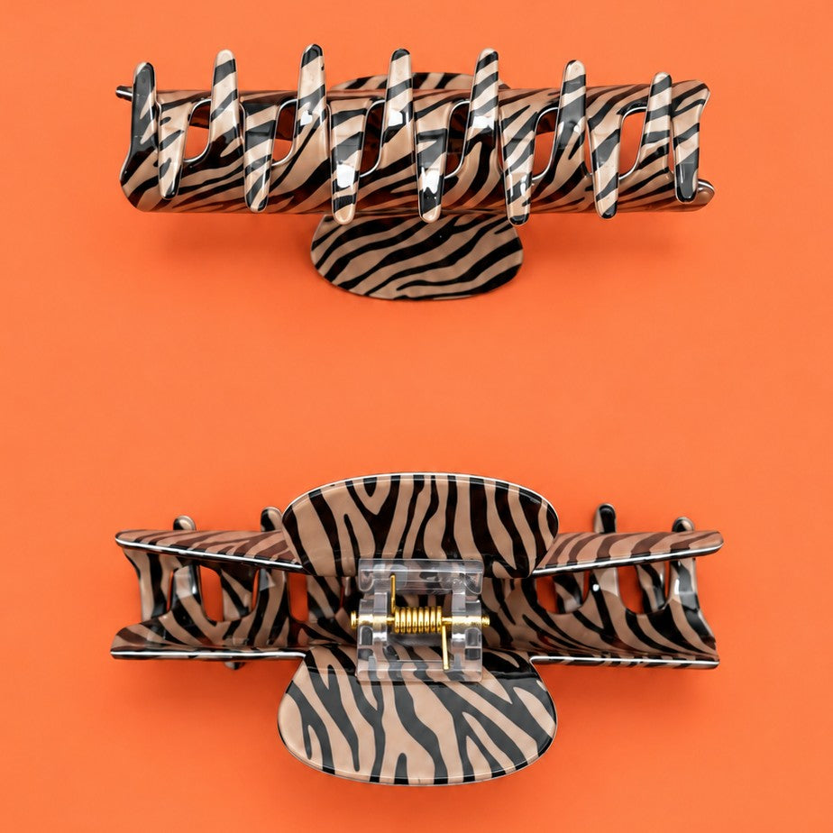 Brown Zebra Print Rounded Hair Claw Clips | 40H1266