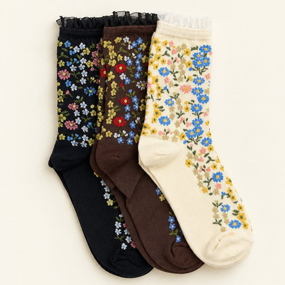 FLORAL PRINT SHEER MESH CREW SOCKS | 40S02097