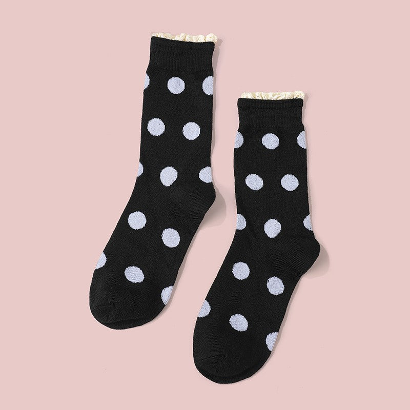 Polka Dot Lace Ruffle Trim Crew Socks | 40S02100