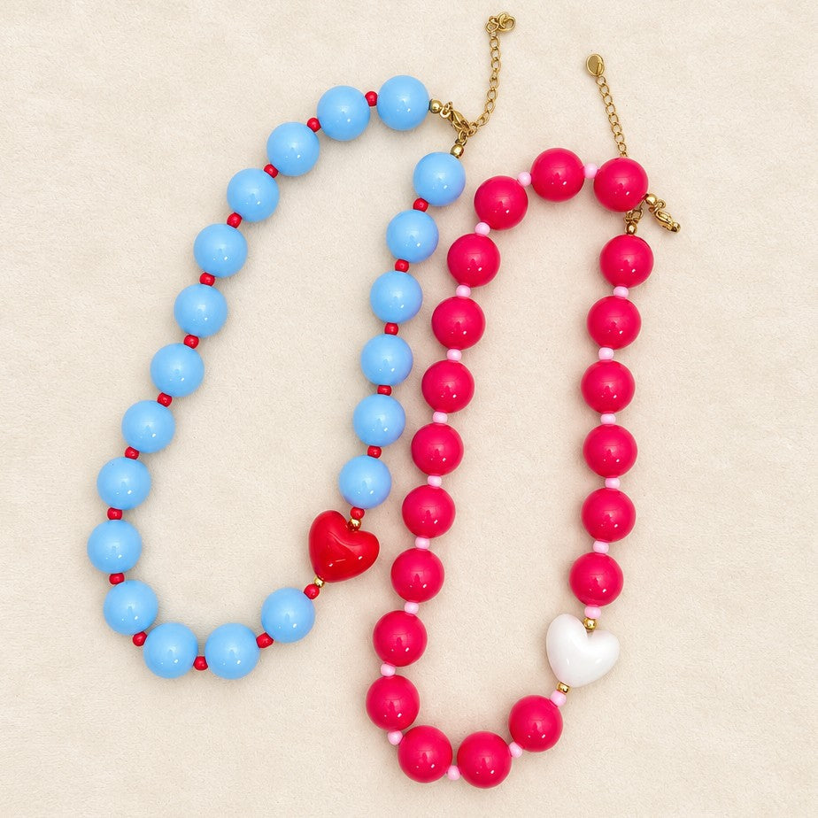 Chunky Acrylic Ball Bead & Heart Accent Necklace | 40NK9842