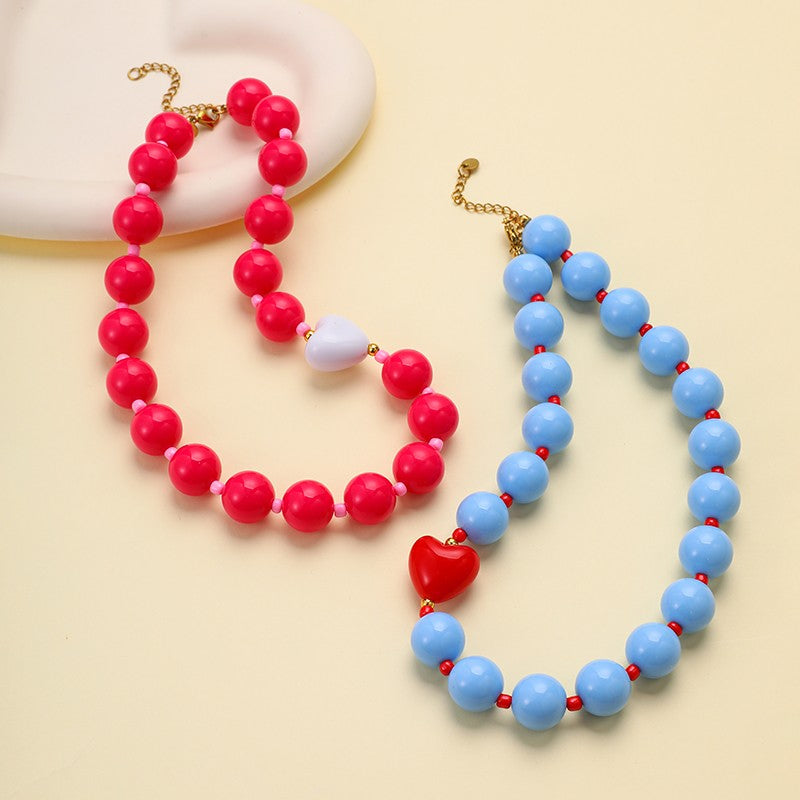 Chunky Acrylic Ball Bead & Heart Accent Necklace | 40NK9842