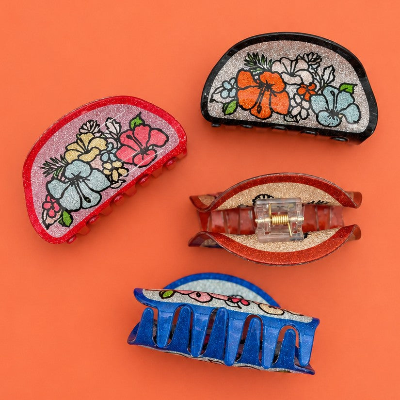 Glitter Floral Print Hair Claw Clips | 40H1243