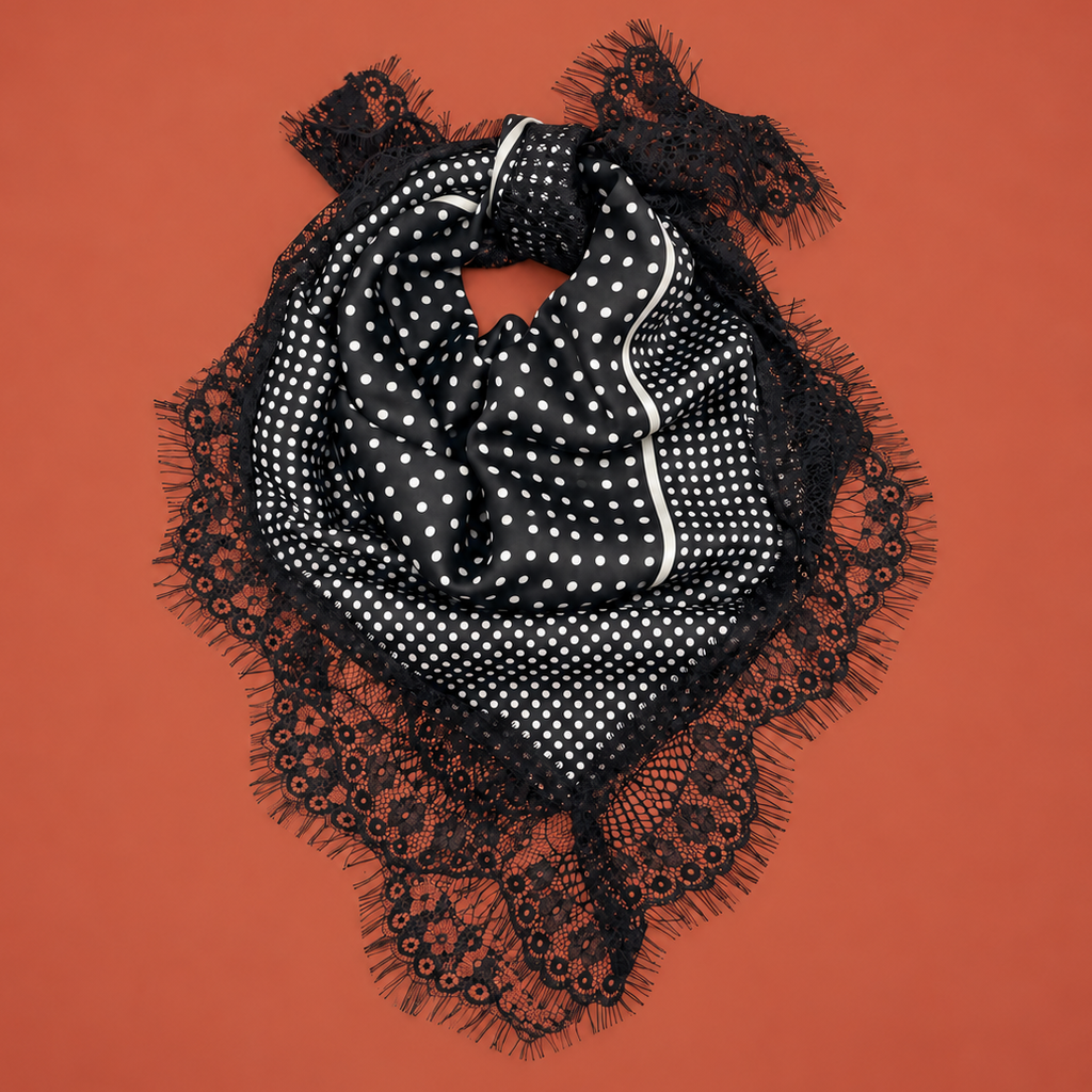 Patterned Silk-Feel Lace Trim Square Scarf | 40SC774