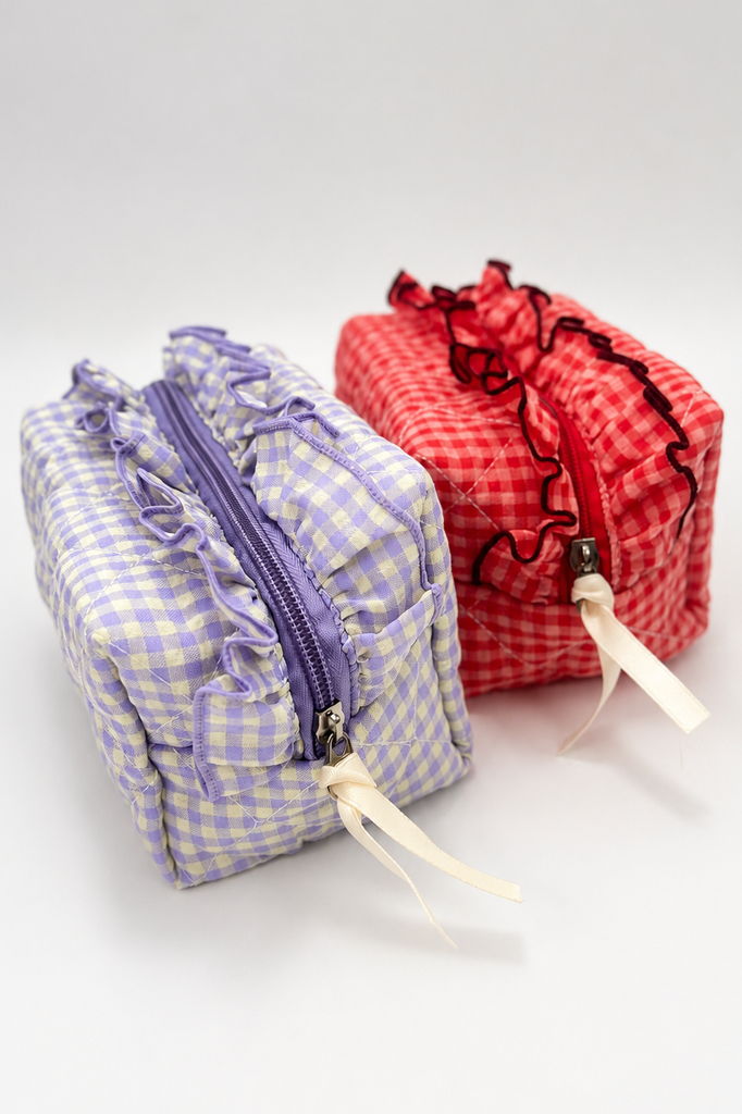 Gingham Ruffled Quilted Cosmetic Bag Pouch | 40P632