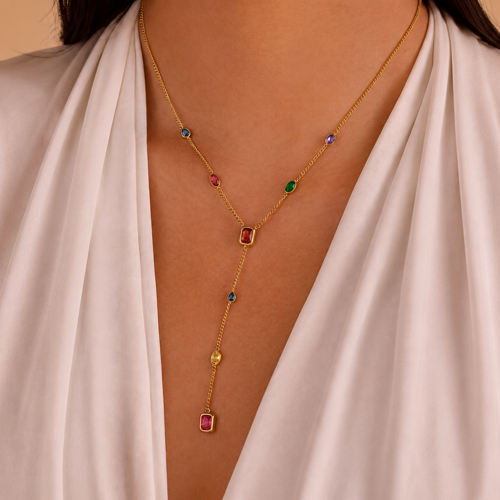 18K STAINLESS STEEL RAINBOW CRYSTAL Y NECKLACE | 40NK9763