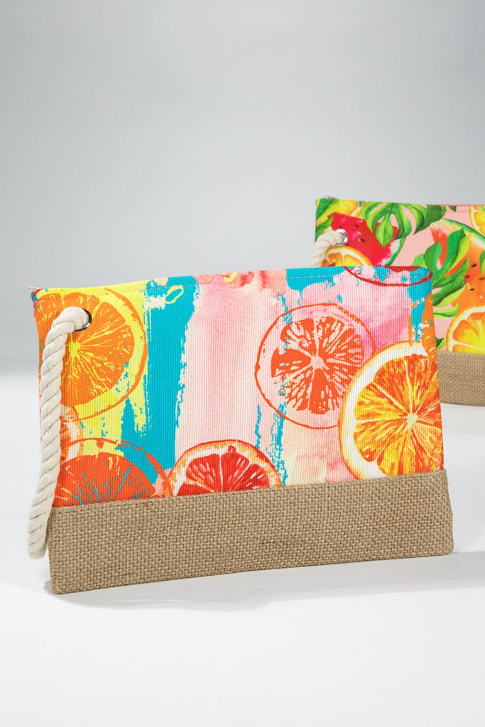 Summer Citrus Pouch | vibrant Summer Pouch | Fruit Print Pouch | Rope Wristlet | Zipper Pouch | Beach Pouch | Jute Pouch Bag